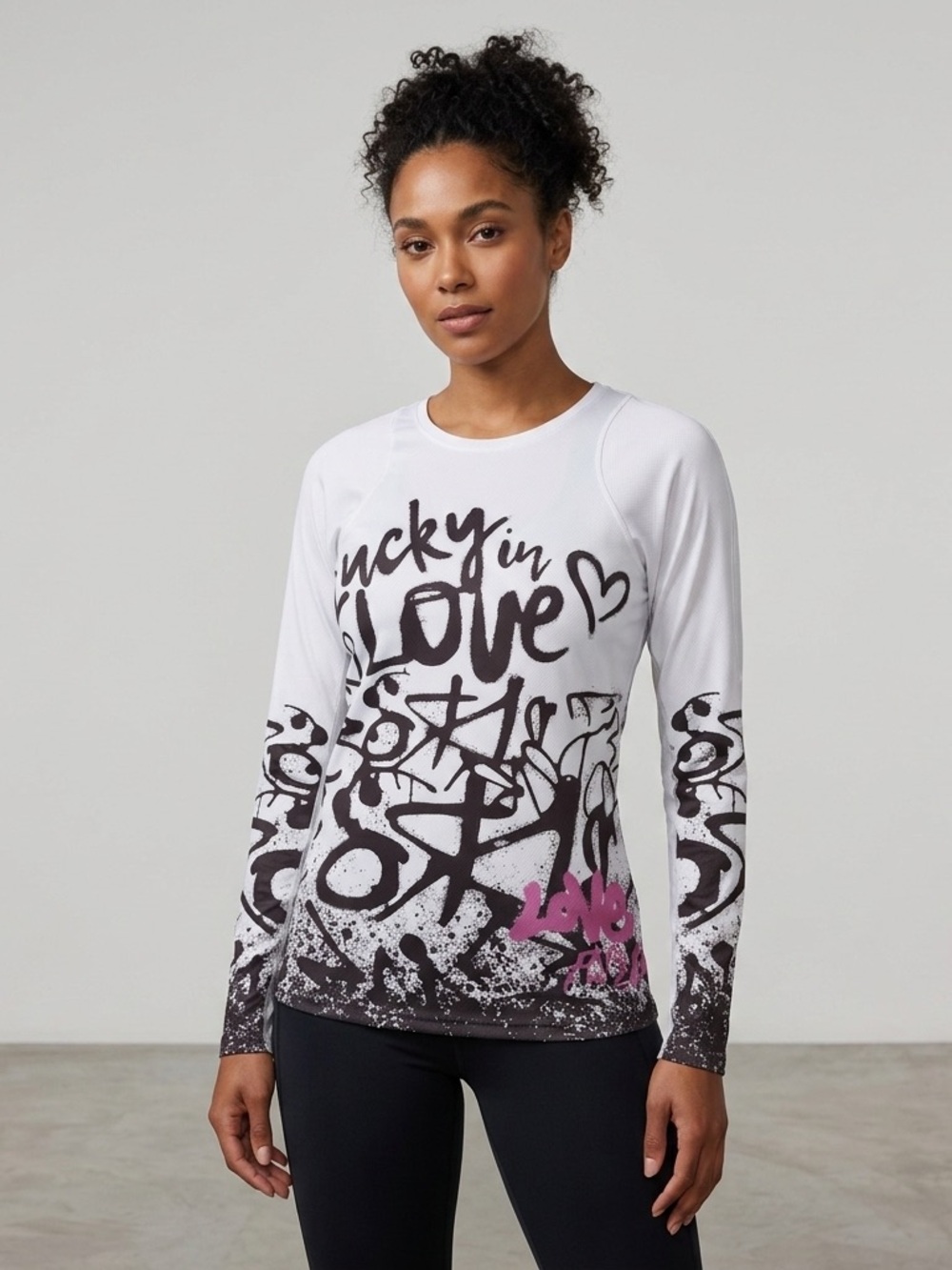 Lucky in Love "Lucky in Love" Graffiti Ruched Long Sleeve Top